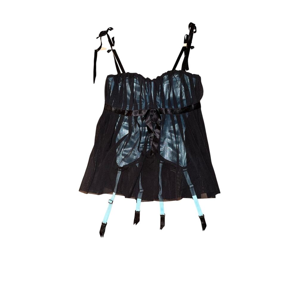 Necessary Objects ice blue corset black cheer chiffon garter straps 34B lingerie